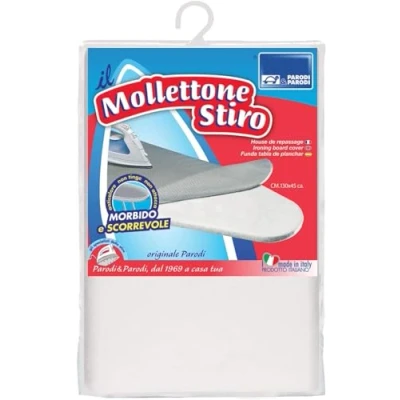 Image de Parodi &amp; &quot;Il Molletone Stiro&quot;, article 198, Housse pour planche à repasser universelle 130 x 45 cm env., couverture en polyester résistant la chaleur de couleur blanc, garantit douceur et fluidité lors l&#039;utilisation