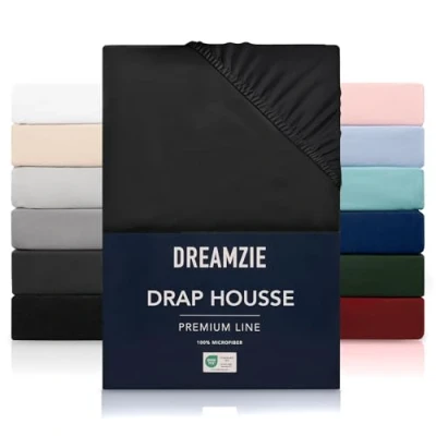 Image de Dreamzie Drap Housse 160x200 cmpour Matelas Épais jusqu&#039;à 33 cm 100% Polyester Microfibre Noir Certifié sans Produits Chimiques (Oeko TEX), avec Élastique Complet