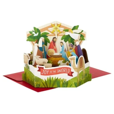 Image de Hallmark carte de Noël, crèche Noël 3D et pop up, religieuse, vert, rouge