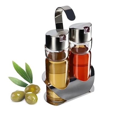 Image de KADAX distributeur d&#039;huile et de vinaigre avec support, récipient en verre transparent couvercle métal, d&#039;huile, bouteilles d&#039;épices cuisine (argent)