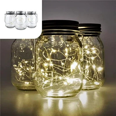 Image de Gadgy Bocal Solaire Lumiere Fee Set 3 Pcs 20 LED’s Blanc Chaud Verre Lanterne Lampe Jardin Exterieur