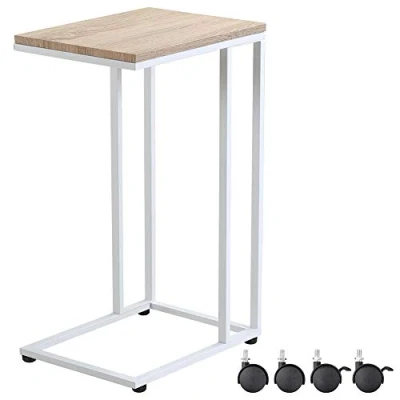 Image de Table d&#039;appoint Bout de canapé avec roulettes Cadre en métal Blanc Desserte lit Support Ordinateur Portable