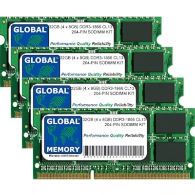 Image de GLOBAL MEMORY 32Go (4 x 8Go) DDR3 1866MHz PC3 14900 204 PIN SODIMM MÉMOIRE RAM KIT pour Intel iMac 27 Pouces Retina 5K (Fin 2015)
