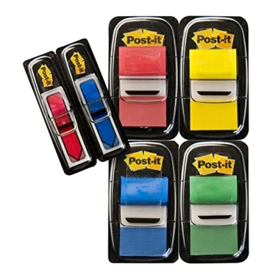 Image de Post it Marque Pages Moyen dans un Dévidoir en Plastique, Couleurs Assorties, 50 Ppages/Dévidoir, 4 Dévidoirs/Emballage + Double pack de 24 Flèches GRATUIT