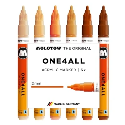Image de Molotow One4All 127HS Lot de 6 marqueurs acryliques en bois (épaisseur trait 2,0 mm, couvrant et permanent, séchage rapide, rechargeables, pour presque toutes les surfaces)