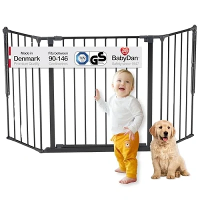 Image de BabyDan Flex M, 90 146 cm, Barrière de sécurité/barrière d&#039;escalier/séparation pièce, noire, fabriquée en Danemark pour bébés (Barrière chiens/Parc chiens)