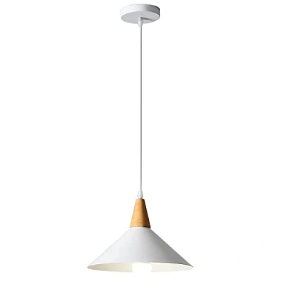Image de Suspension Luminaire Vintage Industrielle E27 Plafonnier Lustre Moderne 25CM Abat jour en Métal Bois Lampes Suspendues pour Cuisine Salle à Manger Chambre Café, Blanc (1 Pack)