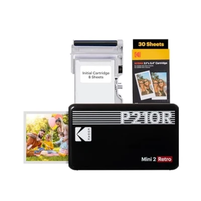 Image de KODAK Mini 2 Retro Imprimante Photo Mobile pour Smartphone (iPhone &amp; Android), 5,4 x 8,6 cm, Bluetooth, Portable + 68 Photos Noir