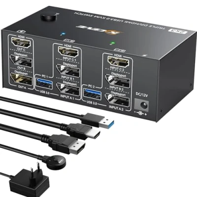 Image de Commutateur KVM Triple Moniteurs 2 Displayport + HDMI, 8K@60Hz Switch 4K@144Hz, USB 3.0 PC 3 Moniteurs, 1.4 HDMI 2.1 pour Partagez Souris, Clavier