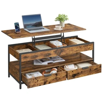 Image de VASAGLE Table Basse, de Salon avec Plateau Relevable, Tiroirs Rangement, Rangement Ouvert et Compartiment Caché, 50 x 120 cm, Marron Rustique Noir d’Encre LCT252K01