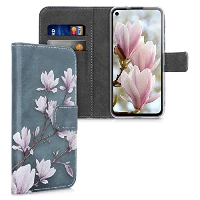 Image de kwmobile Coque Portefeuille Compatible avec Google Pixel 4a Étui à Rabat Tissu Similicuir Compartiment Cartes Taupe Blanc Bleu Gris