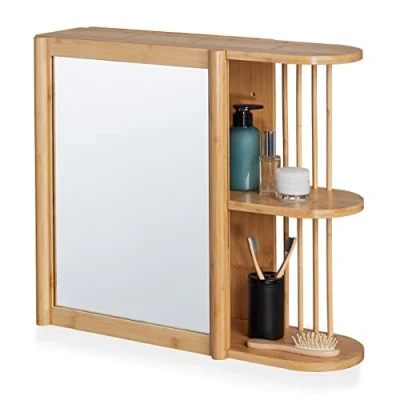Image de Relaxdays Étagère Salle de Bain en Bambou, avec Miroir, Design Semi Ouvert, à Suspendre, HLP 53x62x20 cm, Nature