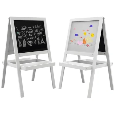 Image de AIYAPLAY tableau chevalet enfant 2 en 1 face ardoise magnétique et noir à craie plateaux de rangement intégrés blanc