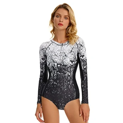 Image de Femmes Zip Up Surfwear Maillot de Bain à Manches Longues récréatif Une pièce Rash Guards,Motif dégradé,M