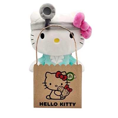 Image de Hello Kitty Doctor Eco Plush 24 cm dans Un Sac en Carton réutilisable La Peluche est fabriquée à 100% partir de Bouteilles Pet recyclées