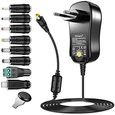 Image de AC/DC Adaptateur Secteur Universel, PChero 24W Alimentation à Découpage avec 8 Connecteurs DC, y Compris une Prise Micro USB pour 3 / 4,5/ 5 6 7,5 9 12V l&#039;électronique Domestique 2000mA Max.
