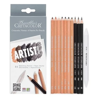 Image de CRETACOLOR Artist Studio Set de crayons à dessin 11 pièces, y compris essuie papier, non toxiques
