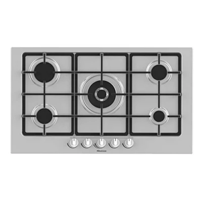 Image de Hisense GM973XF Plateau de cuisson à gaz, 5 zones cuisson, largeur 90 cm, grilles en fonte, allumage intégré, inox anti empreintes digitales, brûleur Wok