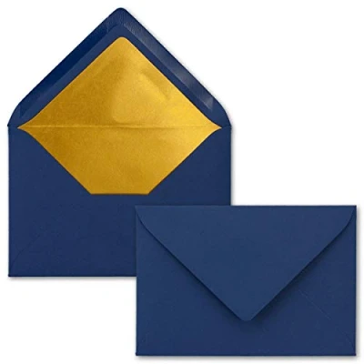 Image de FarbenFroh by GUSTAV NEUSER Lot de 100 enveloppes pour lettres Format B6 Doublure intérieure en papier métallique doré 12,5 x 17,6 cm Bleu nuit Collage par humectation