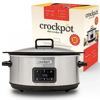 Image de Crockpot Sizzle &amp; Stew Digital Slow Cooker 6.5 L (8+ personnes) Bol amovible à induction pour la cuisson des viandes et légumes Prise EU 2 broches Acier inoxydable [CSC112X]