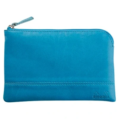 Image de RHODIA 116536C Pochette Zippée en Simili Cuir Turquoise Taille S (11 x 17 cm) Coutures Véritables Intérieur Tissu Orange Rangement Documents, Petites Fournitures
