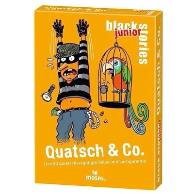 Image de moses Black Stories Junior Quatsch &amp; Co. 50 Amusants avec Garantie de Rire, Cartes au Nouveau Design Deux Variantes, Jeu Puzzle pour Les Enfants à partir 8 Ans, 90087, Jaune