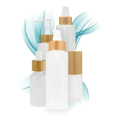 Image de Wachsmann Flacons en verre de haute qualité Avec couvercle bambou Pour les cosmétiques naturels durables Distributeur d&#039;huile et lotion, 100 ml à pompe Gravure