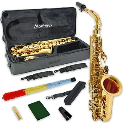 Image de Montreux Student Eb Alto Saxophone pour débutants avec étui de protection léger, embouchure, anche, élingue, protège pad Laiton laqué, clé fa# aigu, mi bémol