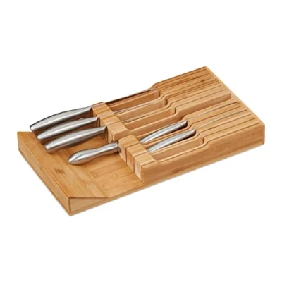 Image de Relaxdays Range ustensiles pour tiroir, 12 Couteaux &amp; aiguisoir, Rangement en Bambou, HxLxP: env. 5 x 43 23 cm, Nature