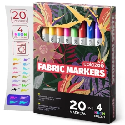 Image de colozoo Set de 20 crayons pour tissus : 4 Uv Neon et 16 textiles résistant à la machine laver Marqueurs textiles, Polyerster, Sacs, T shirt, Papier autres
