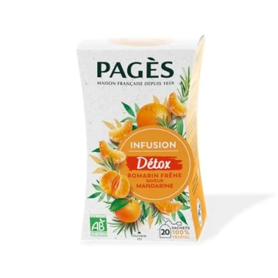 Image de Pagès Infusion BIO Détox Romarin, Frêne, Menthe Douce, Saveur Mandarine Recette Drainante Boîte de 20 Sachets, 100% Végétal