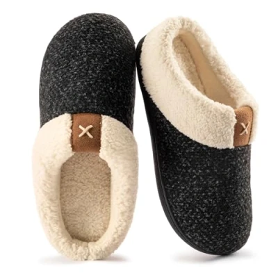 Image de ULTRAIDEAS Pantoufles confortables en mousse à mémoire de forme pour femme avec doublure polaire pelucheuse et semelle caoutchouc antidérapante, noir foncé, 39/40 EU