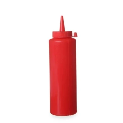 Image de HENDI Flacon distributeur, bouteille à condiments et sauces, réutilisable, recipient presser, ketchup, moutarde, huile d&#039;olive, vinaigrettes, mousses, 0,2L, ø50x(H)185mm, rouge, PE, PP