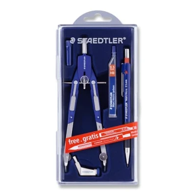 Image de Staedtler Mars Comfort, Compas technique à réglage rapide et micrométique en composite métal plastique, Coffret avec élément mine, adaptateur universel 1 porte mine Micro offert, 552 01 PR1