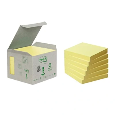 Image de Post it Notes Recyclées, Jaune Canari, Pack de 6 Blocs, 100 Feuilles par Bloc, 76 mm x mm, Pastel Autocollantes Fabriquées avec du Papier Recyclé à 100%