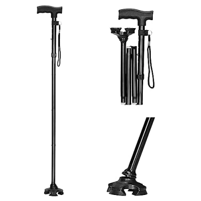 Image de supregear Canne Pliante, Pliante Réglable à 5 Niveaux avec Poignée en T et Dragonne Anti Perte Antidérapante Autoportante Support Caoutchouc 4 Pieds pour Âgé Désactivé Homme Femme