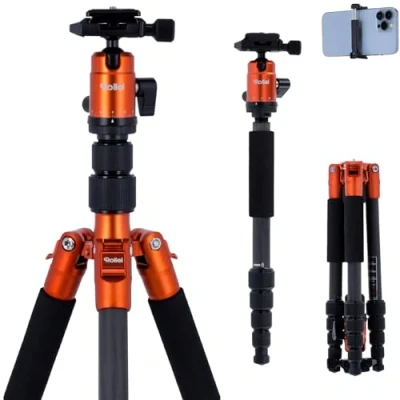 Image de Rollei Compact Traveler No. 1 Carbone Trépied de Voyage très Léger en avec un Format Seulement 33 cm, Compatible Arca Swiss, Orange