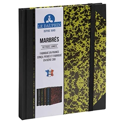 Image de Le Dauphin Réf. 267203D 1 carnet imprimé intérieur ligné avec une bande de fermeture élastique noir dimensions 22 x 17 cm format vertical 192 pages couverture marbrée couleur kaki