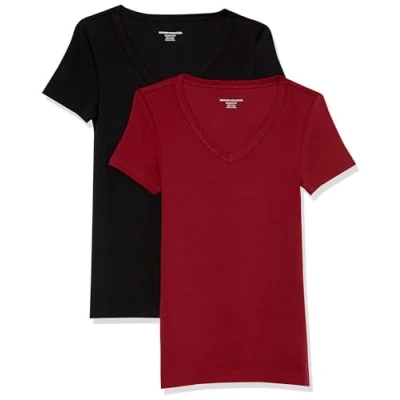 Image de Amazon Essentials T Shirt Col en v à Manches Courtes Coupe Ajustée Femme, Lot de 2, Noir/Bordeaux, L