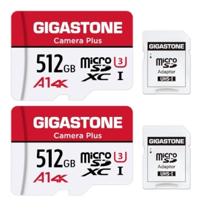 Image de Gigastone Carte Mémoire 512 Go Lot de 2 Cartes, Caméra Plus Série, Vitesse allant jusqu&#039;à 100 Mo/s. idéal pour Full HD Video Drone Gopro Caméra, U3 Micro SDXC avec Mini Coque et Adaptateur SD