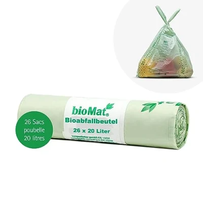 Image de bioMat Sac Poubelle Compostable 20l avec Poignée, 26 Sacs, Qualité Supérieure, Certifié DINplus, Climatiquement Neutre, Fabriqué en Allemagne