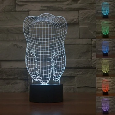 Image de KINGCOO 3D Lampe de Table, Optical Illusion Visuelle Lumières La Nuit 7 Changement Couleur USB Bouton Tactile Atmosphère Bureau LED (Dent)