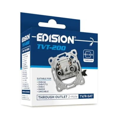Image de EDISION Prise Satellite TV Universelle TVT 200, de Passage TV/R Sat encastré 2 connecteurs, Convient pour DVB S2, Unicable, TNT T/T2, C, Radio, FM, Dab+, Passe DC, Sorties
