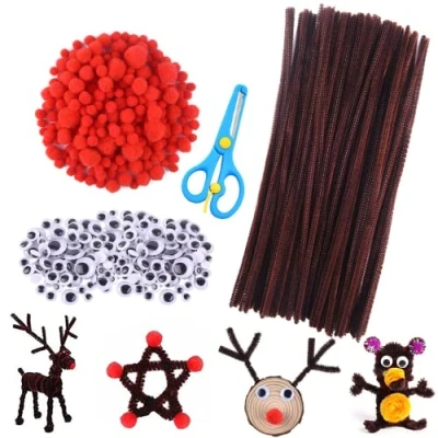 Image de Cure Pipe Chenilles Loisirs Creatifs Ensemble de Fil Chenille Marron Pompons Moelleux et Yeux Mobiles Adhésifs pour Fête Noël, Créatifs, Fabrication Rennes