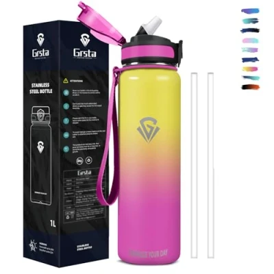 Image de Grsta Gourde, Gourde Isotherme 1l, avec Paille sans BPA, Inox, Double Paroi Isolante, Reutilisable, Facile à Nettoyer, Bouteille pour École, Bureau, Outdoor, Sport