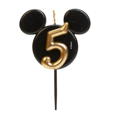 Image de dekora Bougie d&#039;Anniversaire Mickey Mouse Bougies Disney Cire de Paraffine sans Fragrance Enfant avec Oreilles Noir et Doré Taille 8,5 cm Numéro 5
