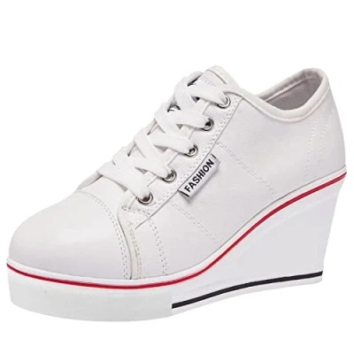 Image de ANUFER Femmes Talon Compensé Lacets Toile Chaussure de Sport Espadrilles Blanc SN02435 EU38.5