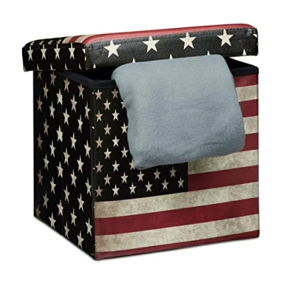 Image de Relaxdays 10019050 Tabouret pliant coffre de rangement pliable banc stockage avec couvercle amovible 38 x cm pouf en similicuir repose pieds table appoint motifs tendances USA