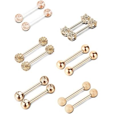 Image de 6 Paires Anneau de Langue Mamelon en Acier Inoxydable Bagues Barbell Zircone Cubique Nipplerings Bijoux Piercing Corps, 14 Calibre (Or Rose)