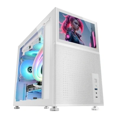 Image de Mars Gaming MC LCD, Boîtier PC Compact Micro ATX, Ecran LCD IPS 8&quot;, Grille Latérale, Supérieure et Frontale Mesh, Fenêtre Latérale Verre Trempé, Mini Tour avec Design Panneaux Modulaire, Blanc